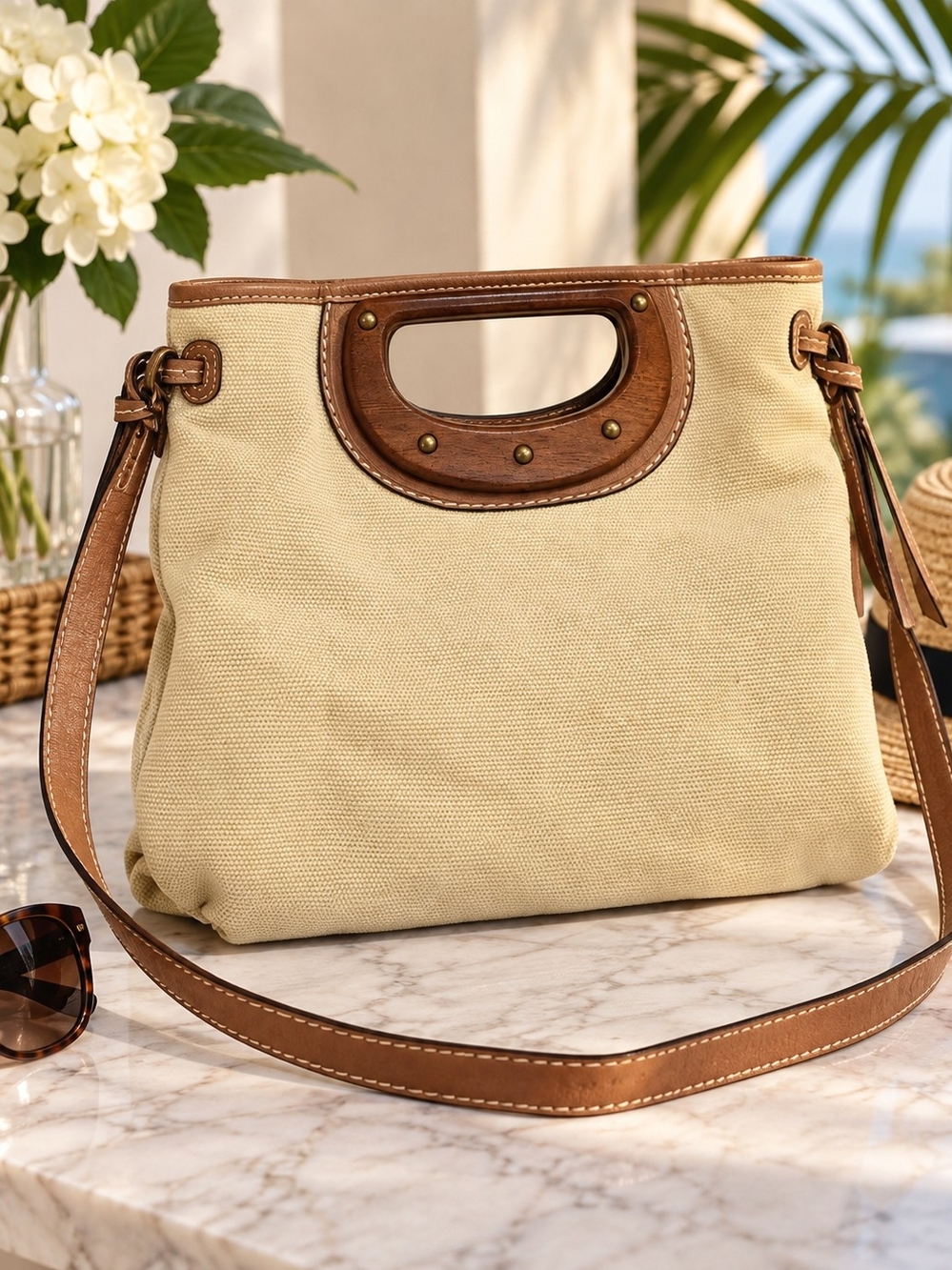 Fossil Beige Canvas Shoulder Bag with Brown Leather Trim